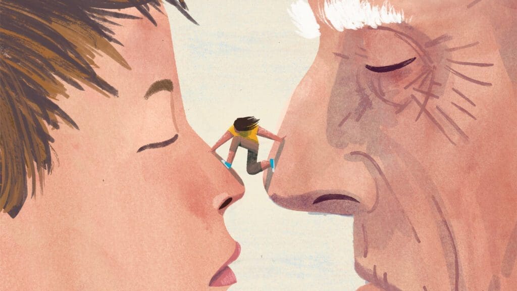 Sandwich generation caregiver illustration showing woman balancing on the noses of a boy and old man