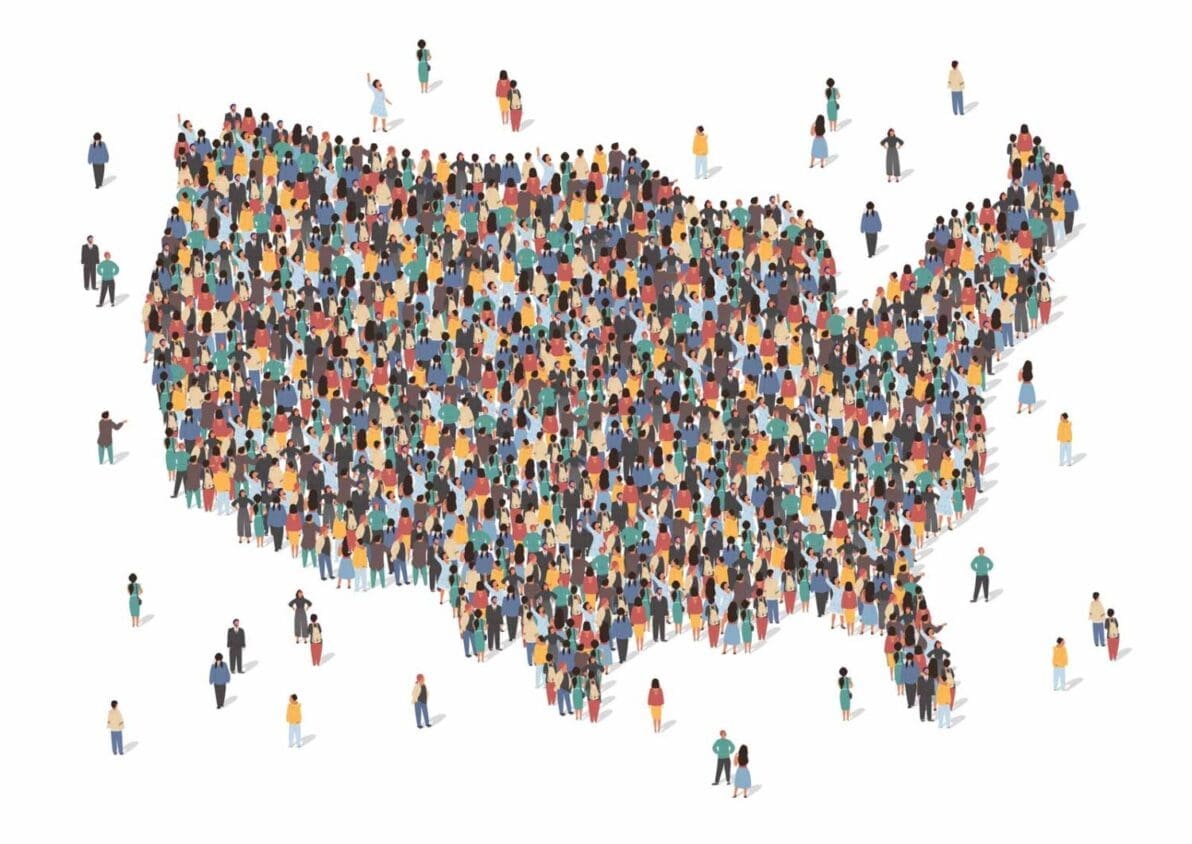 Illustration of hundreds of people making up the US