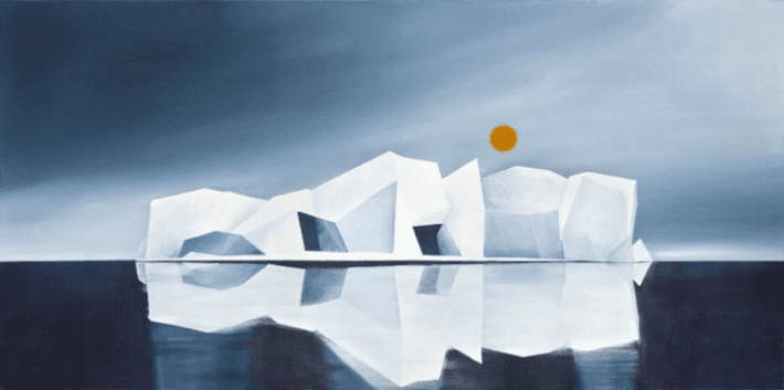 Painting depicting icebergs and a sun