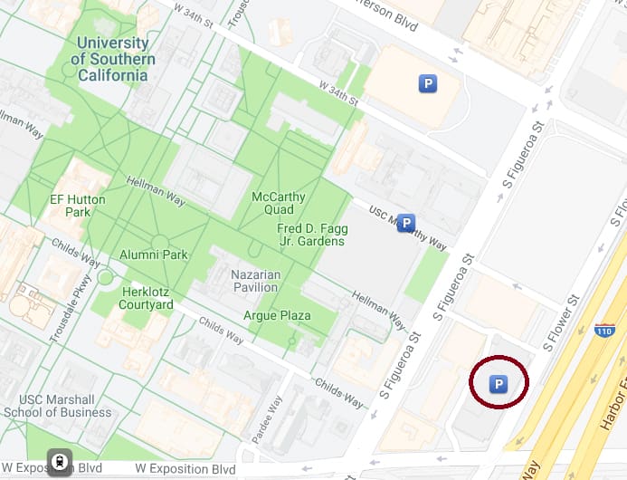 Map of USC campus circling the parking near The Radisson Hotel Los Angeles Midtown 