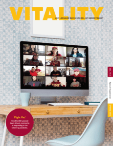 Cover of Vitality Magazine Spring 2020 issue with computer monitor showing Zoom squares of students in USC clothing