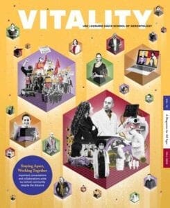 Vitality Magazine Fall 2020 cover with square graphics including people working in a lab in white coats, students protesting, and a person using an iPad. Header in circle "Staying Apart, Working Together"