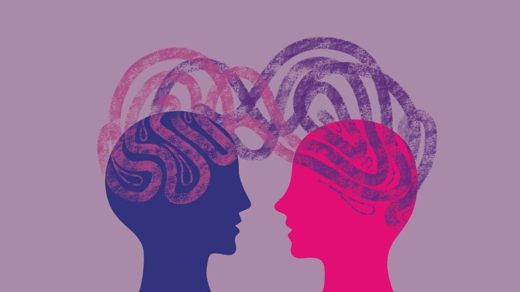 Illustration of two individuals making eye contact, their heads inclined towards each other in a moment of connection