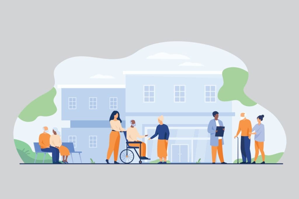 Illustration of nursing home residents outside with caregivers and visitors