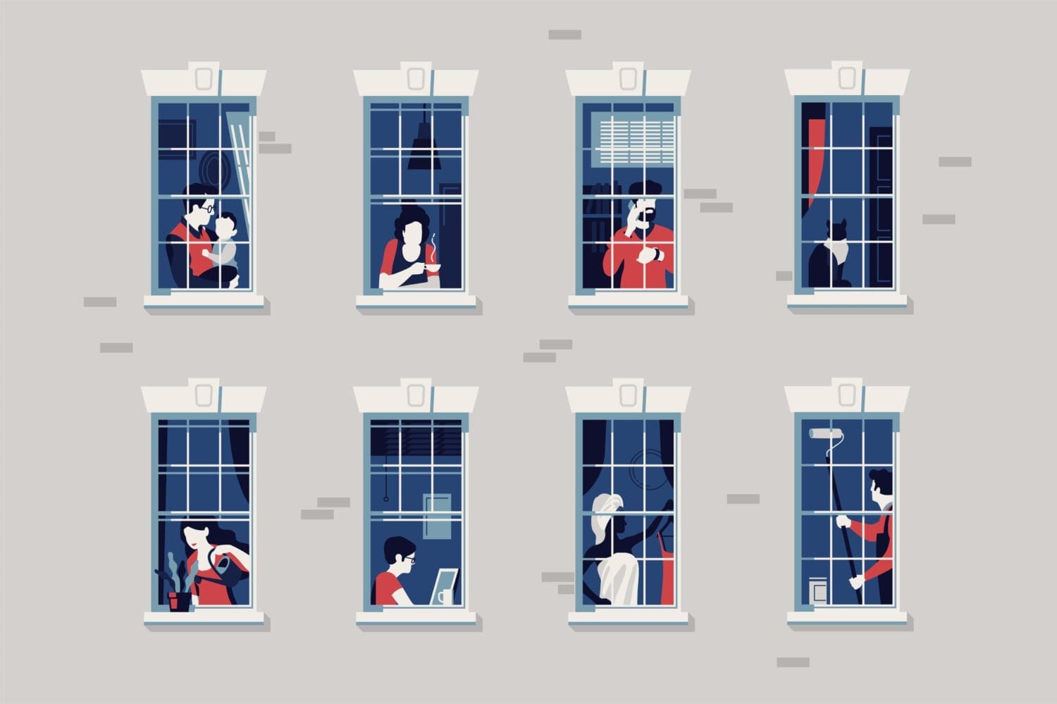 Social distancing themed illustration with people seen in windows at their homes