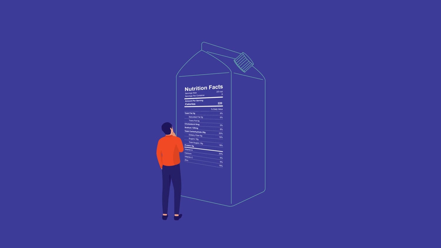 Illustration of person looking at the nutrition label on a milk carton