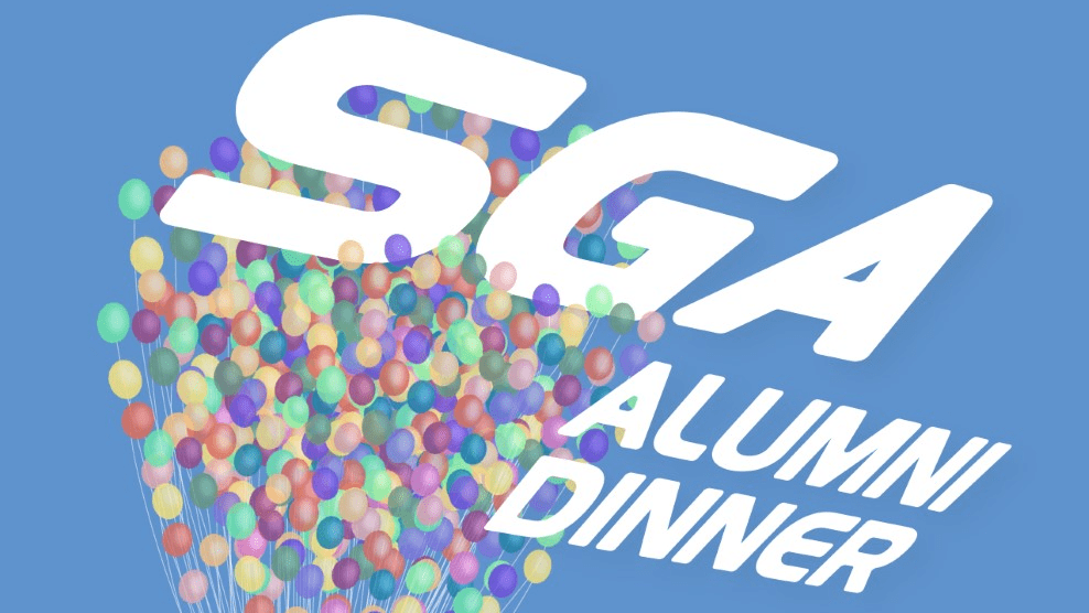 Flyer for SGA Alumni Dinner with balloon illustrations