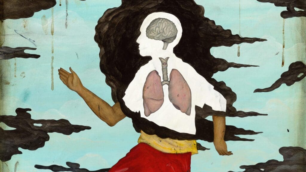 Artwork featuring a figure with intricately painted heart and lungs surrounded by smoke