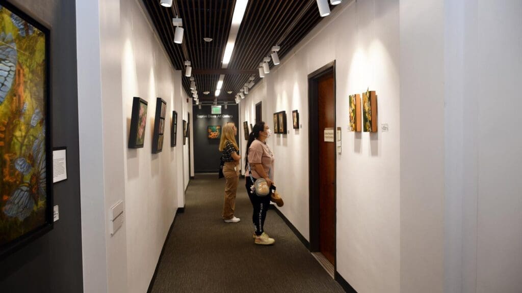 Two people staring at artwork hung up at a gallery