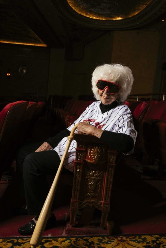 Maybelle Blair wearing sunglasses and seated at the Coronado Performing Arts Center