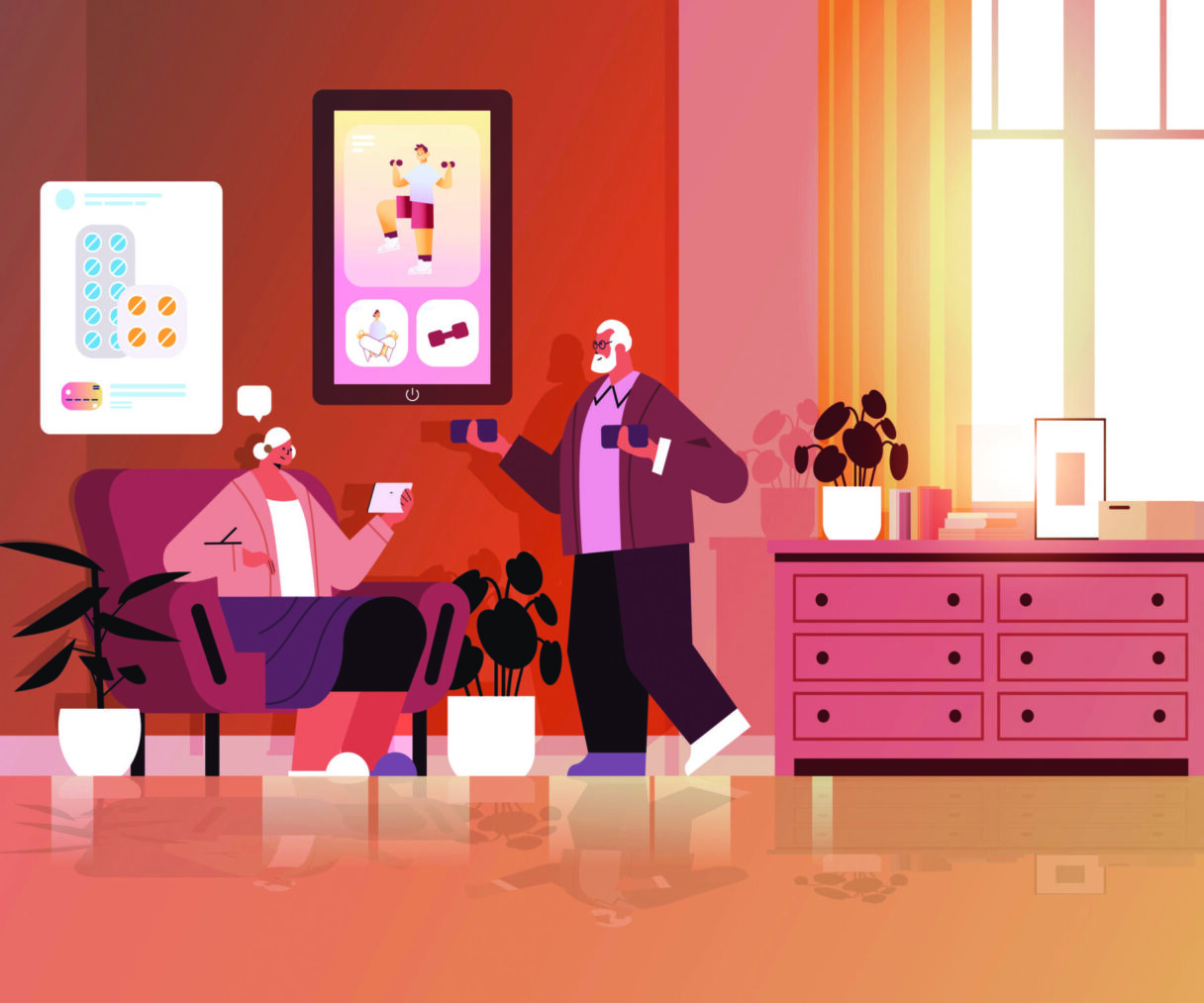 Vector illustration of two older adults in their living room