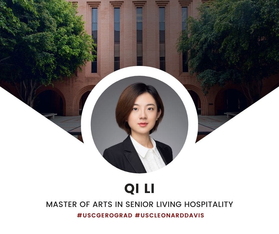 Graduation graphic for Qi Li, Master of Arts in Senior Living Hospitality