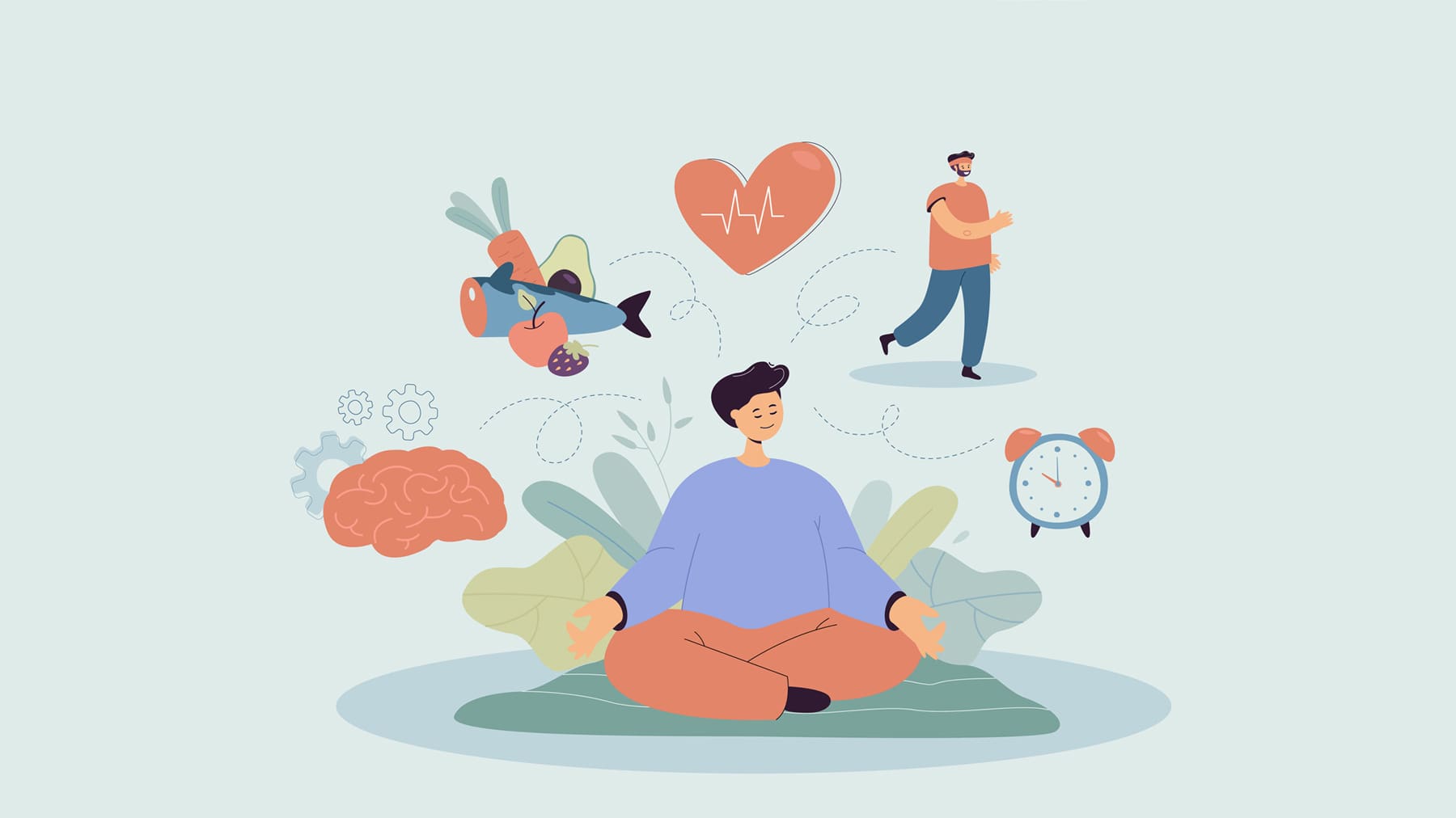 Vector illustration showing person meditating, surrounded by a clock, person running, heart, healthy food, and brain