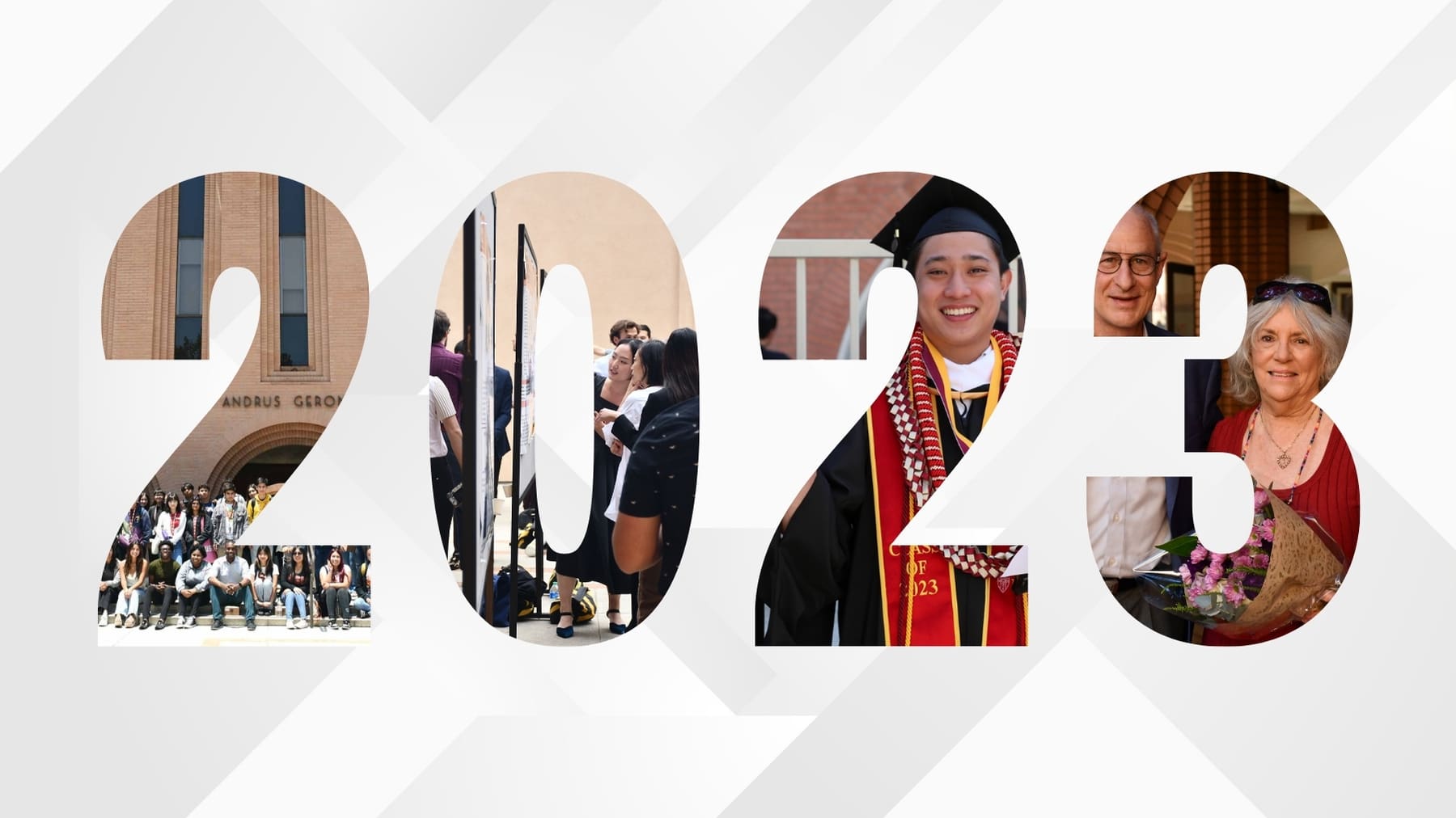 2023 Year in Review graphic, with each number having a photo featuring students and faculty from the USC Leonard Davis School