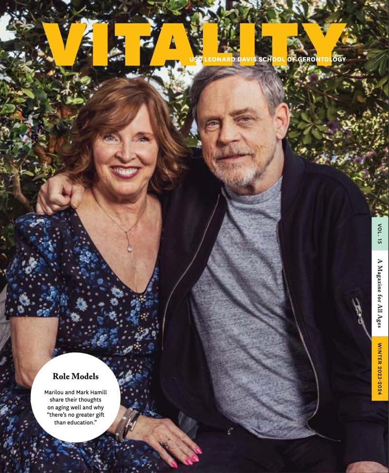 Magazine cover of Vitality Winter 2023/24 issue with Marilou and Mark Hamill sitting side by side smiling. Header in circle says "Role Models" with subheader "Marilou and Mark Hamill share their thoughts on aging well and why 'there's no greater gift than education.'"