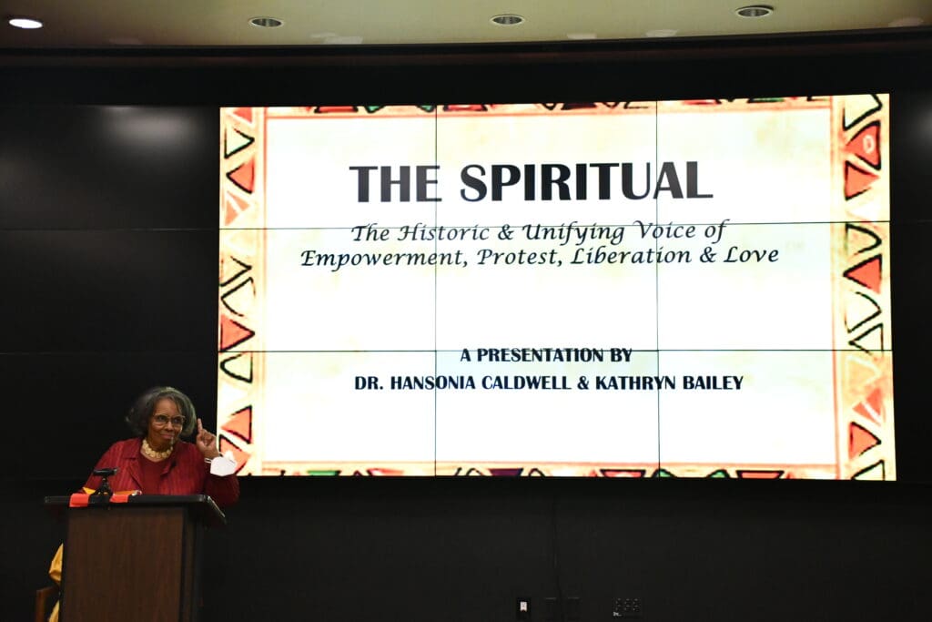Guest lecturer Dr. Hansonia Caldwell, an emeritus professor of music, music historian and USC alumna, gave a presentation on the origin of Black spirituals and their influence with vocalist Kathryn Bailey.