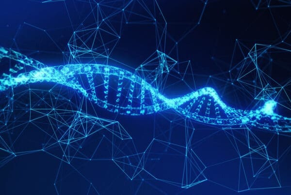 DNA, helix model medicine and network connection lines for technology concept on blue background