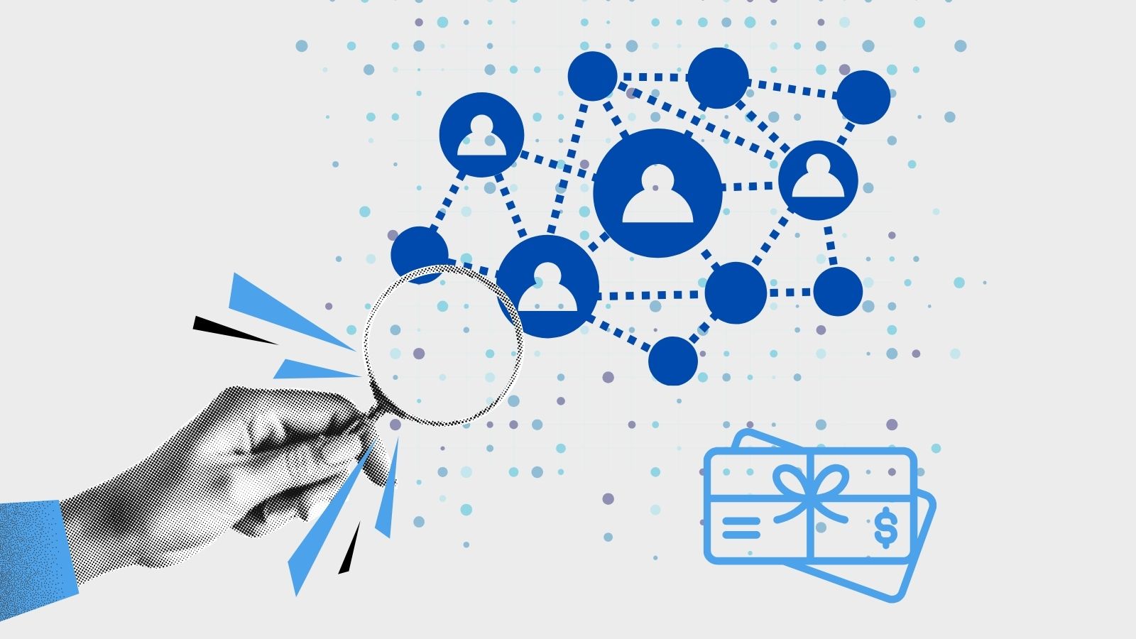 Illustration of person's hand holding magnifying glass over a network of people symbolizing research subjects incentivized to take part in study