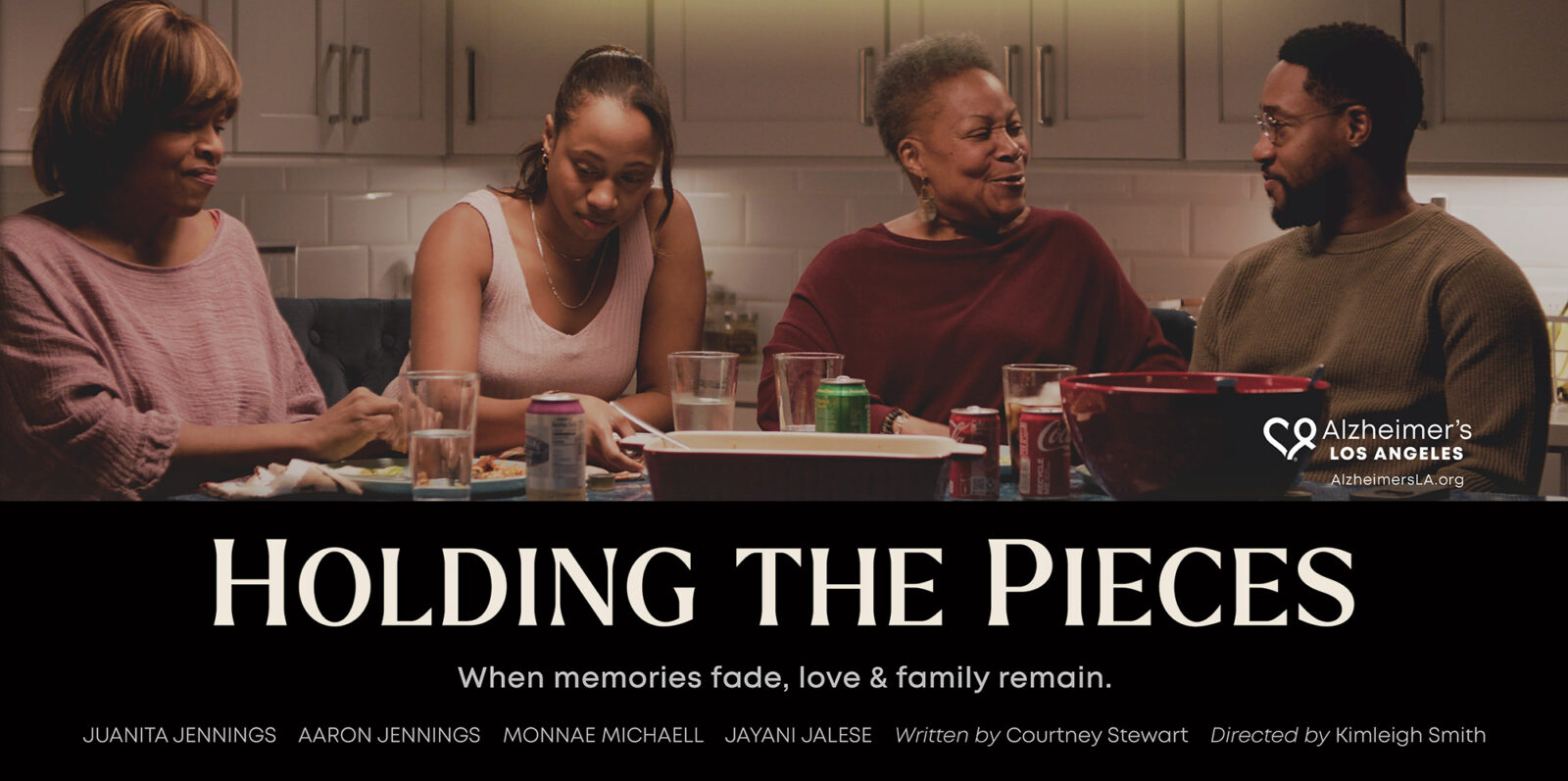 banner for Holding the Pieces film featuring a still from the film of the cast